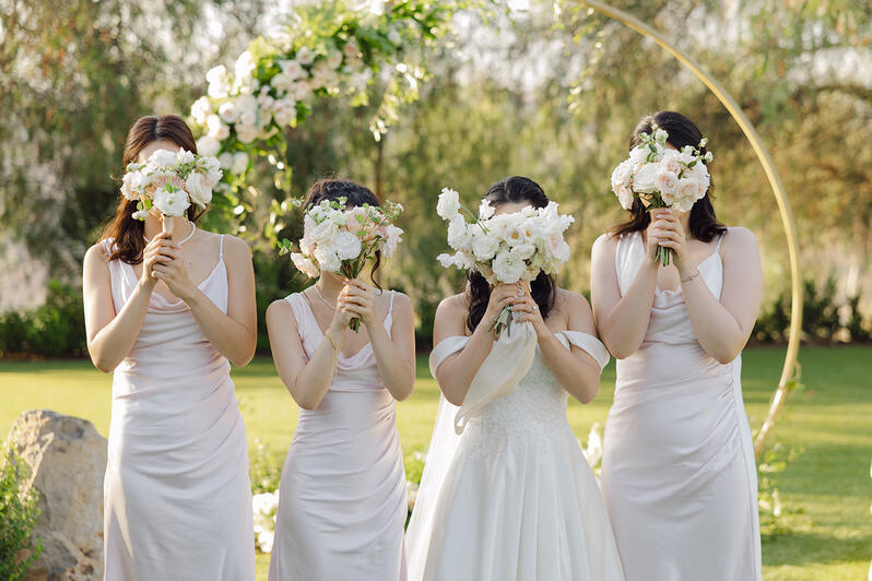 classic fairytale / bridesmaid bouquets / white, blush, peach / White August Photography