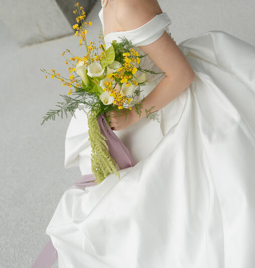 sculptural and mossy / bridal bouquet / green, white, yellow, purple / Kristine and Charles