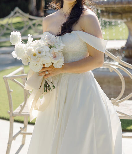 classic fairytale / bridal bouquet / white, blush, peach / White August Photography